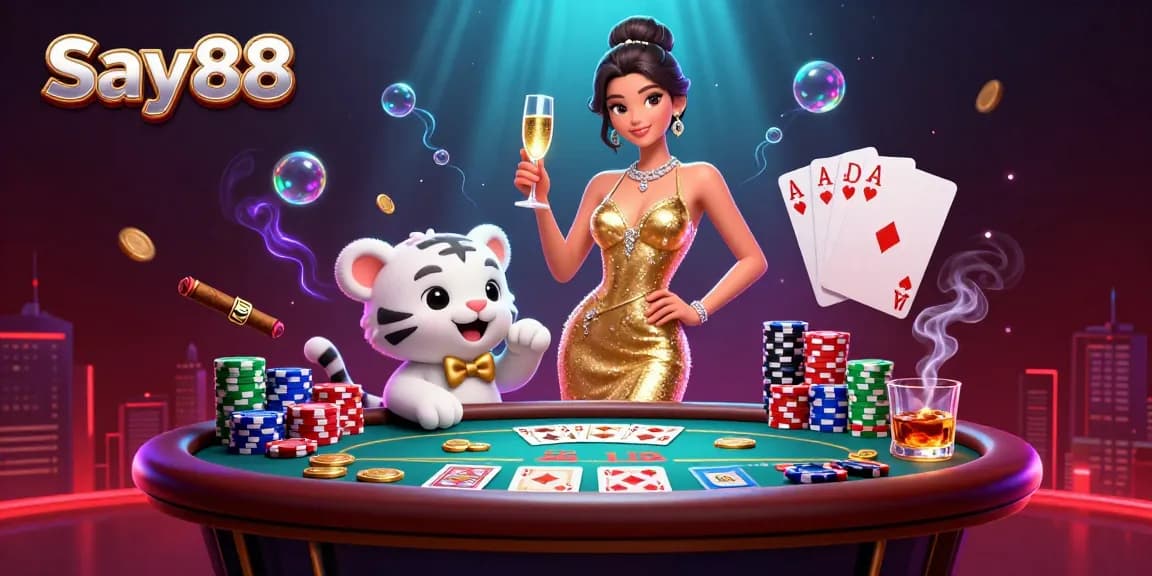 Experience the excitement of Say88 with this vibrant 3D scene showcasing a glamorous woman and a lucky tiger surrounded by casino games.