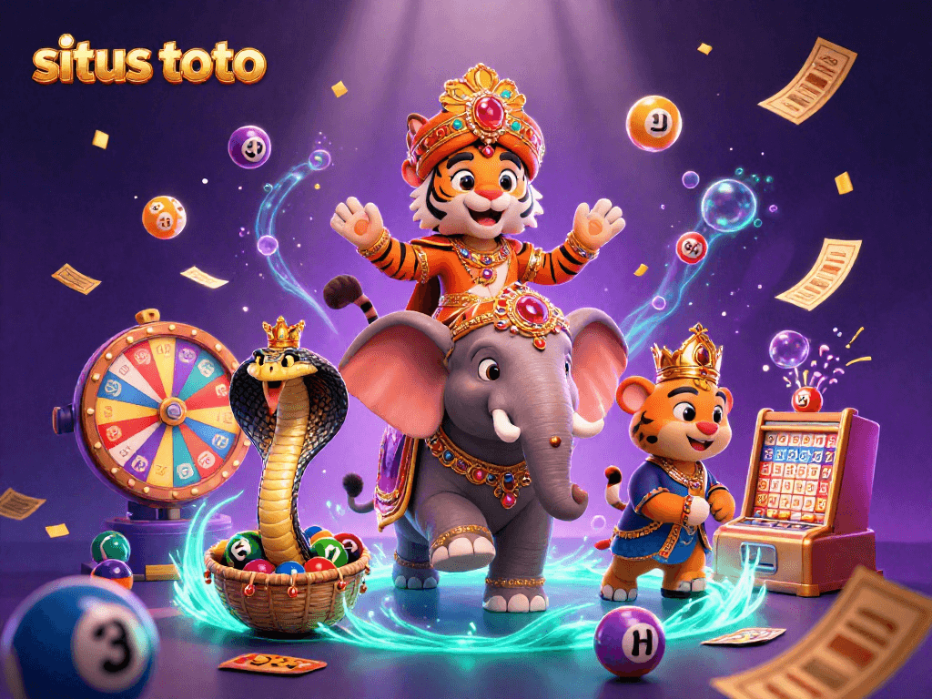 Gambaran situs toto dengan raja harimau dan naga, dikelilingi bola lotere berwarna-warni.