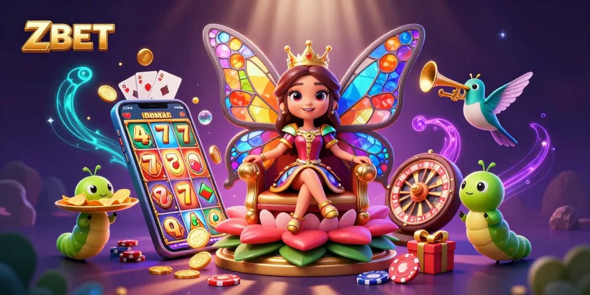 ZBET logo amidst vibrant casino scene with the butterfly queen, golden chips, and slot game action