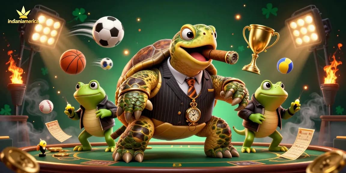 indianiamerica showcases a snapping turtle mobster leading a dynamic casino scene with betting elements.