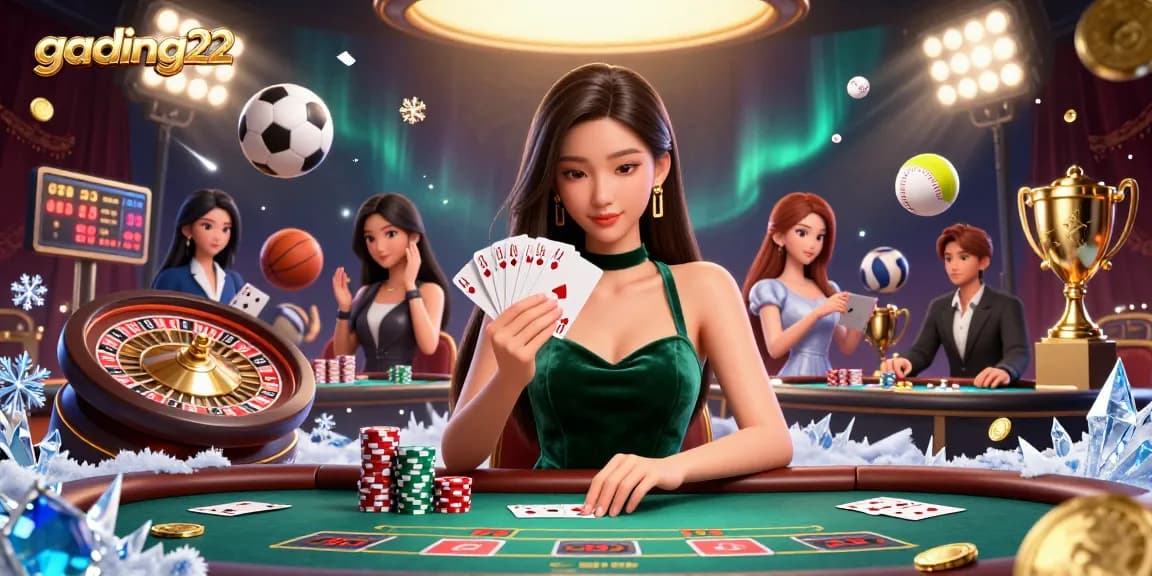 Play exciting poker games with gading22 while a beautiful dealer manages the table amidst swirling sports elements.