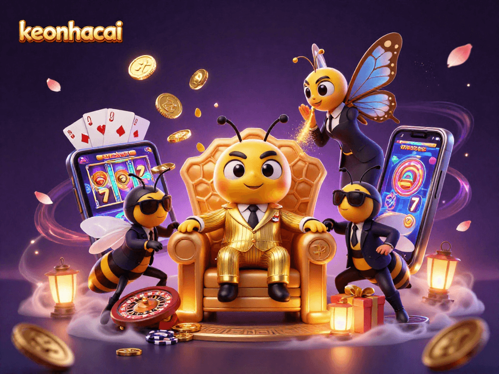 Join the world of keonhacai with an epic cartoon scene showcasing vibrant casino excitement.