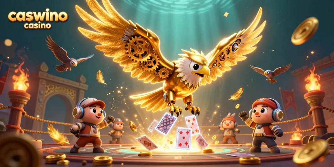 Experience the thrill of caswino casino with dynamic gameplay scenes featuring a cybernetic eagle.