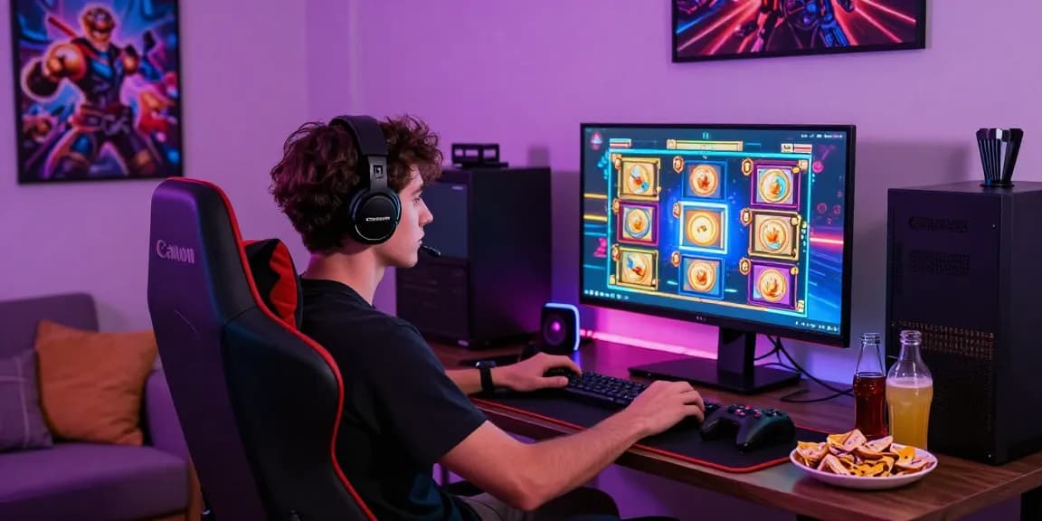 Exciting online gaming setup with link mpo777 on the screen, showcasing vibrant slot game interface and gaming accessories.