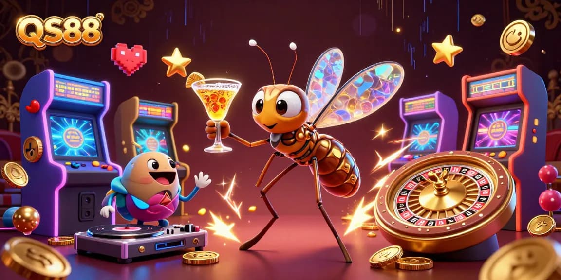 Engage with QS88 as a vibrant casino scene comes alive featuring a unique frozen mosquito mascot.