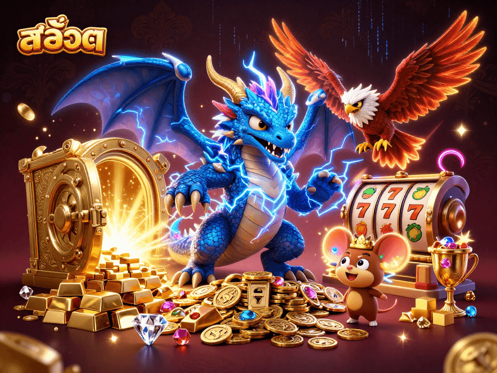 Experience thrilling สล็อต action with cartoon characters amidst a treasure-filled casino scene of excitement.