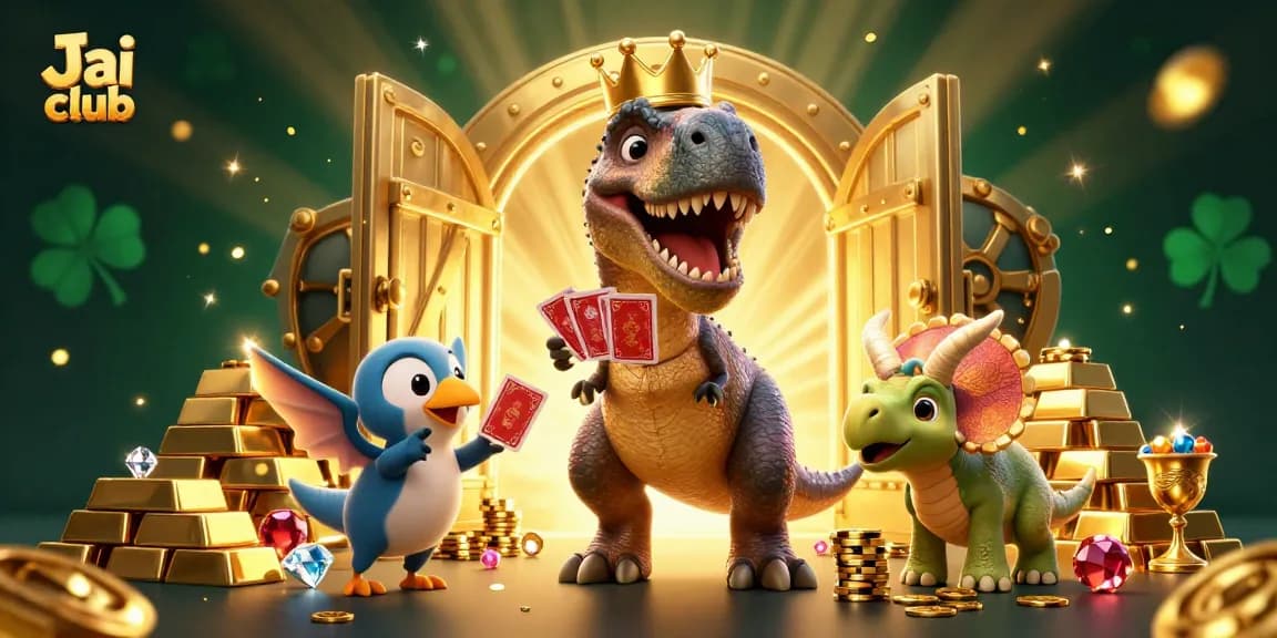 Engage in thrilling games on the Jai club platform featuring a playful dinosaur scene.