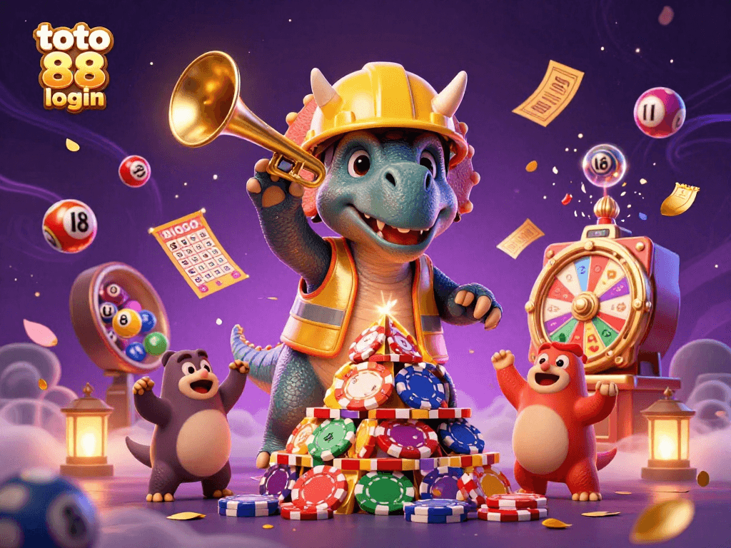 Engage with the lively scene of toto 88 login featuring triceratops and lottery elements, ideal for casino adventures.
