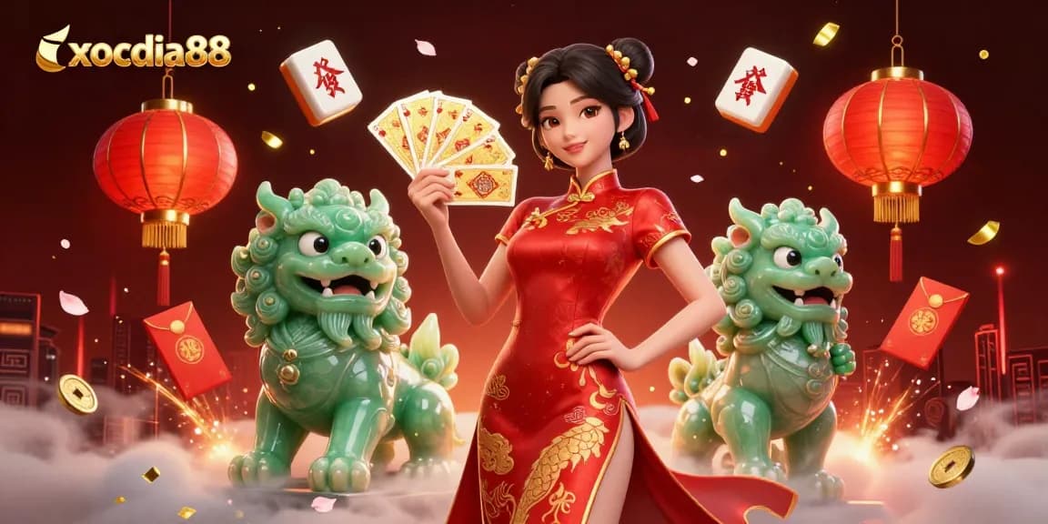 Xocdia88 showcases a vibrant gambling experience with a woman in qipao holding golden cards, amidst festive imagery.