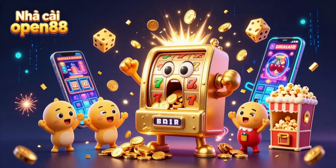 Engage with Nhà cái open88 as a golden slot machine celebrates winning, surrounded by a vibrant casino atmosphere.