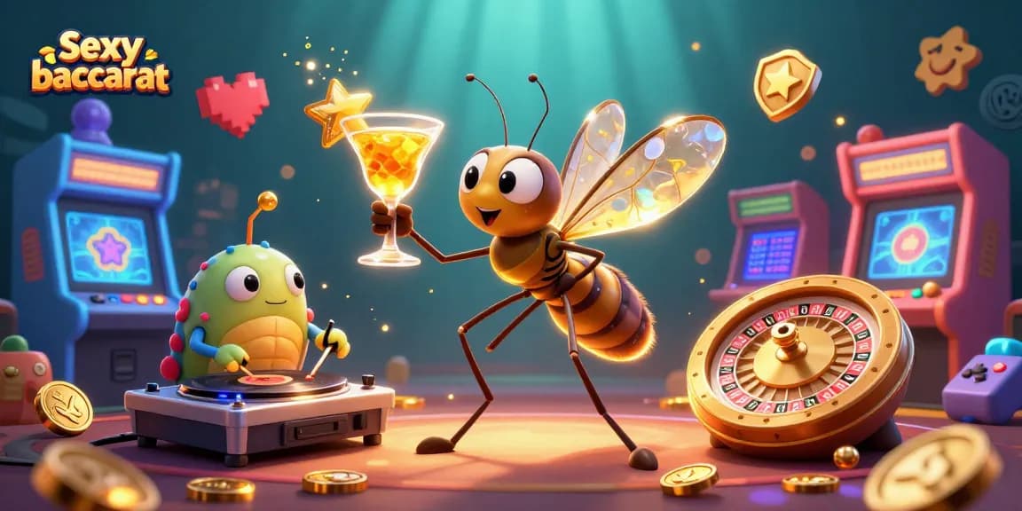 Experience Sexy baccarat with a lively 3D illustration featuring a casino mascot and vibrant game elements.