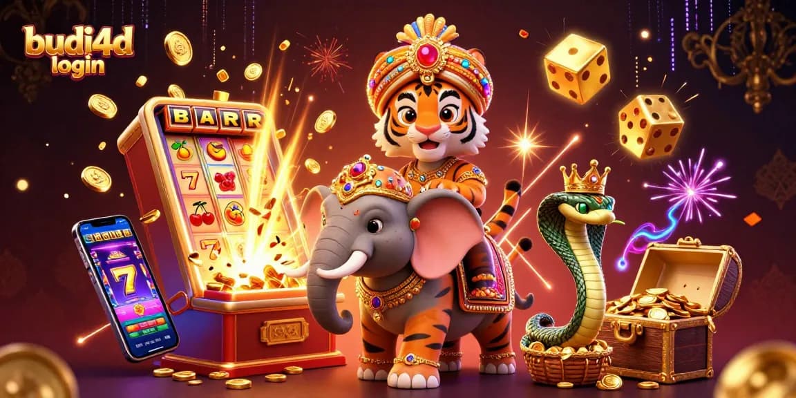 Engage with budi4d login as a 3D cartoon maharaja tiger rides a jewel elephant amidst casino excitement.