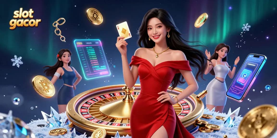 Experience slot gacor excitement with a stunning young woman amidst vibrant casino elements.