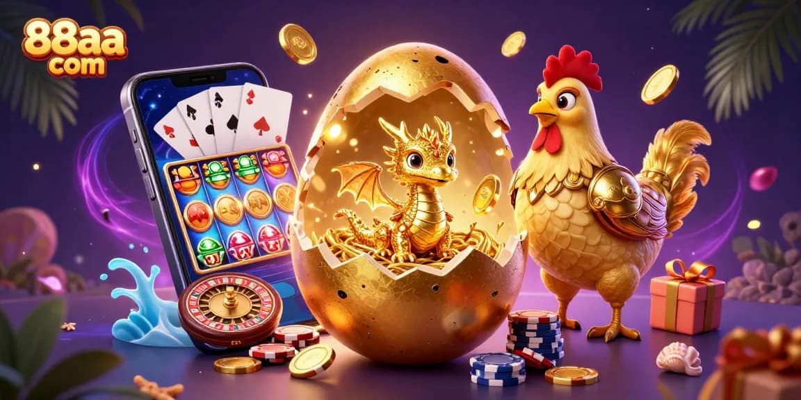 Play exciting games on 88aa com with a gold dragon, poker chips, and vibrant casino elements