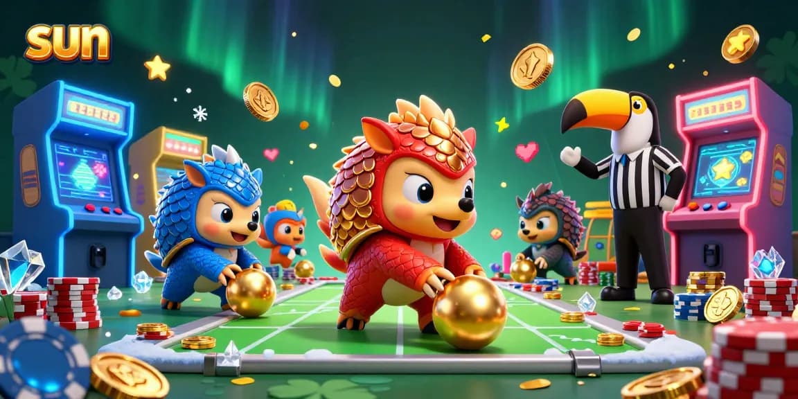Sun spins casino games with rival pangolins competing in a vibrant 3D scene.