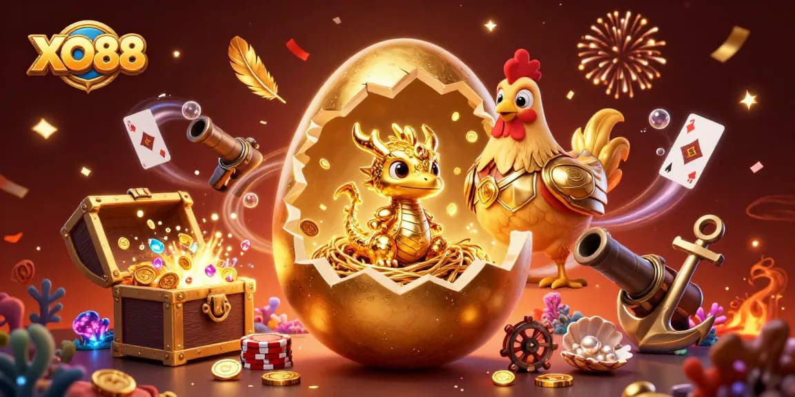 Engage in the vibrant world of XO88 with a golden dragon amidst poker chips in a festive casino setting.