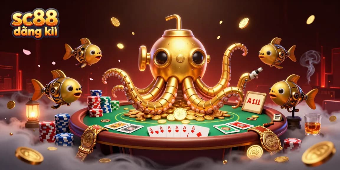 Experience the thrill of sc88 đăng ký with an exhilarating 3D illustration of a golden kraken submarine amidst a vibrant poker scene.