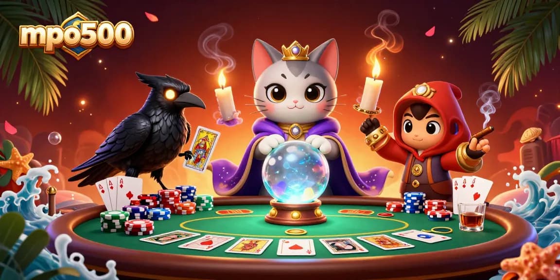 Join the excitement at mpo500 with a vibrant poker scene featuring mystical characters and rich gaming elements.