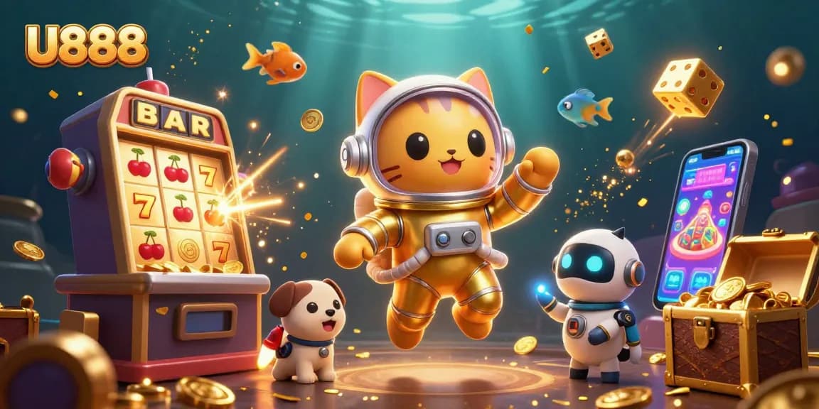 Hit the jackpot at U888 with a dynamic 3D cat astronaut and casino elements in an exciting gaming scene.