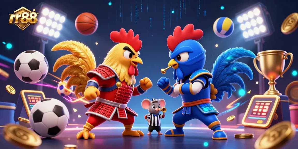 Engage with rr88 in a thrilling standoff featuring samurai and ninja roosters amidst vibrant sports elements.