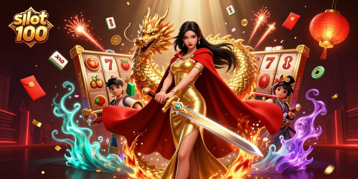 Win big with slot bet 100 strategies illustrated by a warrior queen and golden dragon.