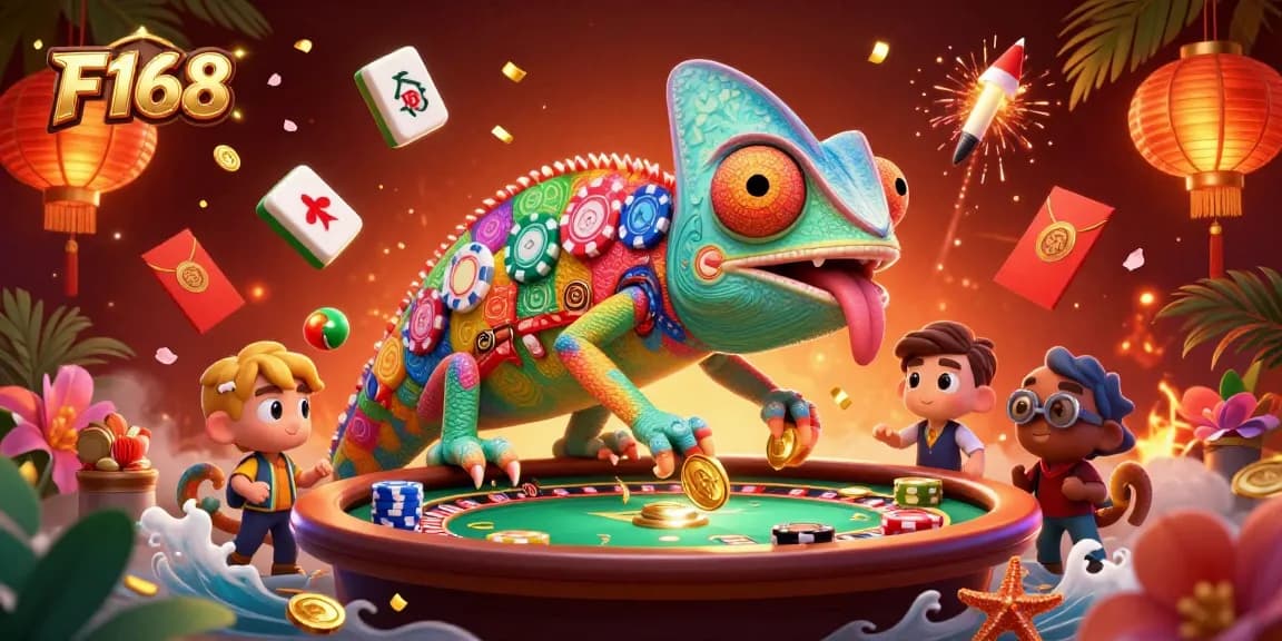 Experience thrilling gaming at F168 with vibrant chameleon casino owner and lively elements.