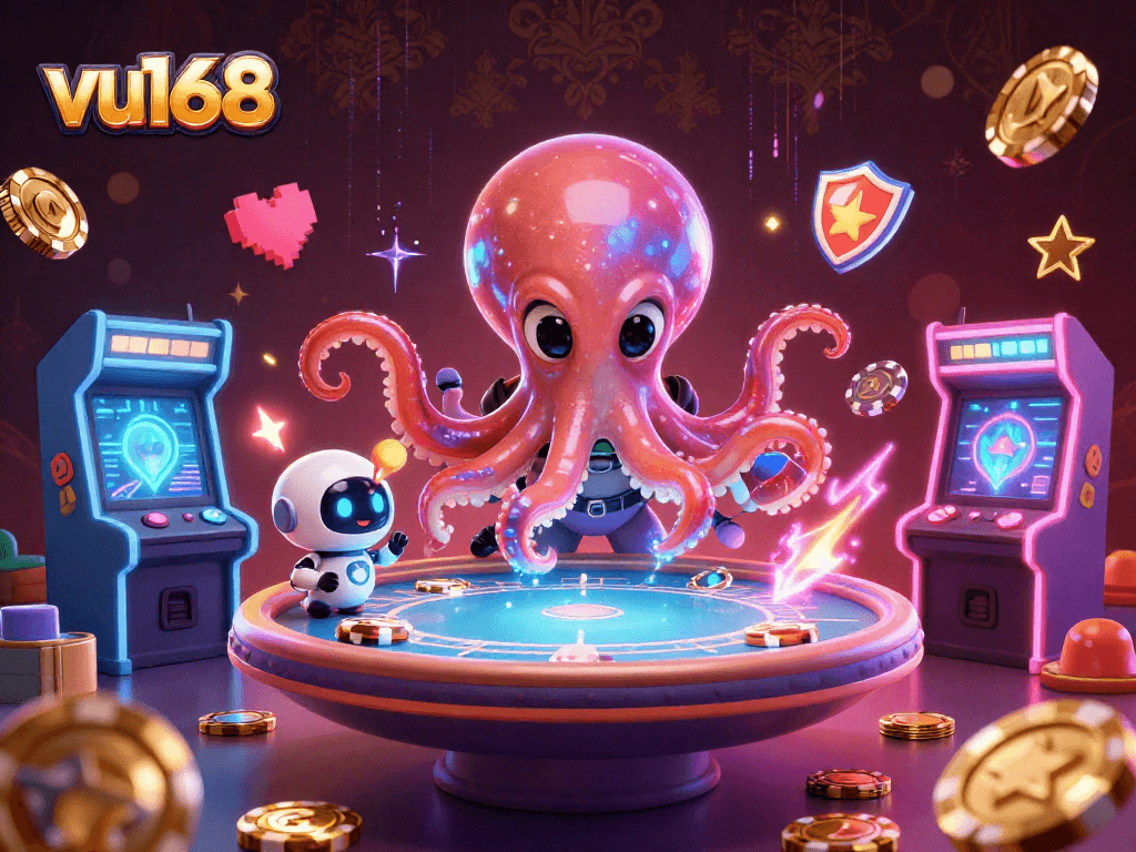 Engage with vu168 as the 3D alien octopus operates a holographic poker table in a vibrant casino scene.