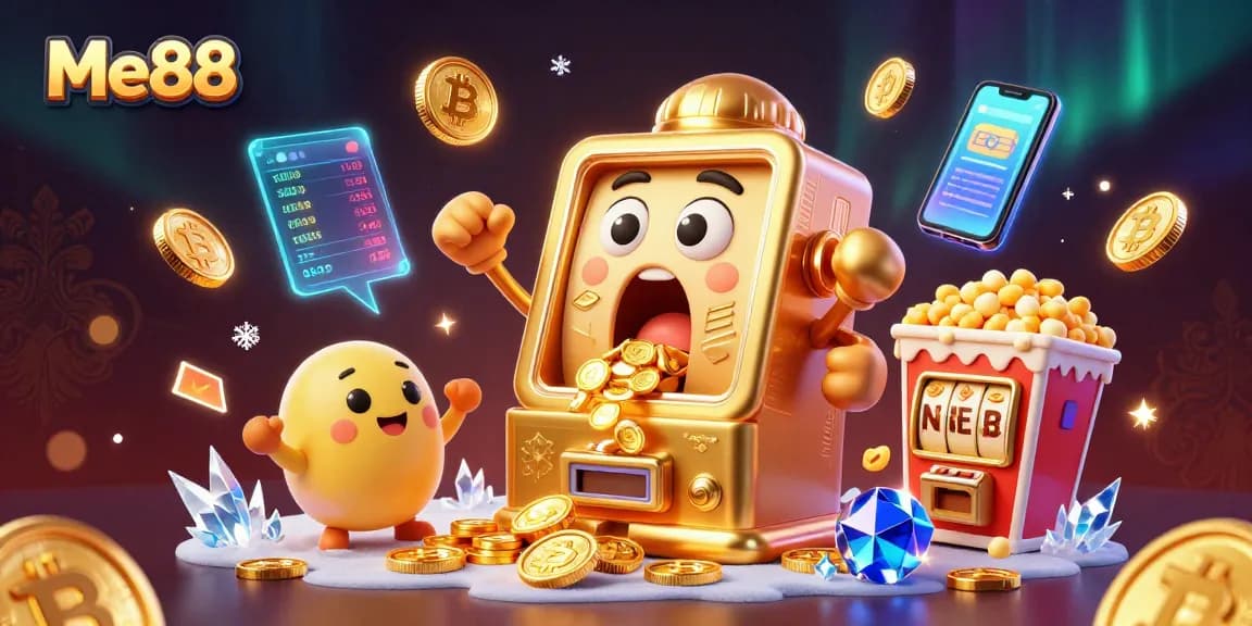 Me88 slot machine celebrates a jackpot while showcasing vibrant casino elements and crypto coins.