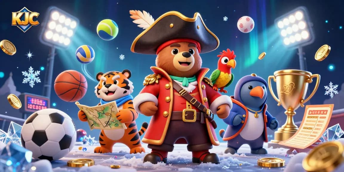 KJC showcases a dynamic scene with a pirate bear, tiger first mate, and golden parrot amidst vibrant casino elements.