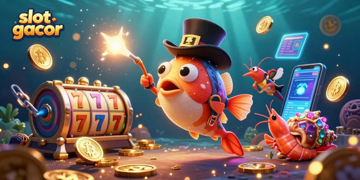Bermain slot gacor dengan ilustrasi dasar laut, menampilkan karakter unik dalam pencarian koin emas.