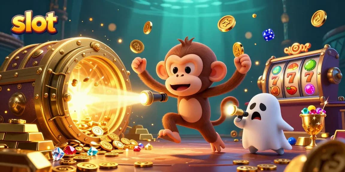 Spin and win at exciting slot games surrounded by a mischievous monkey and treasures!