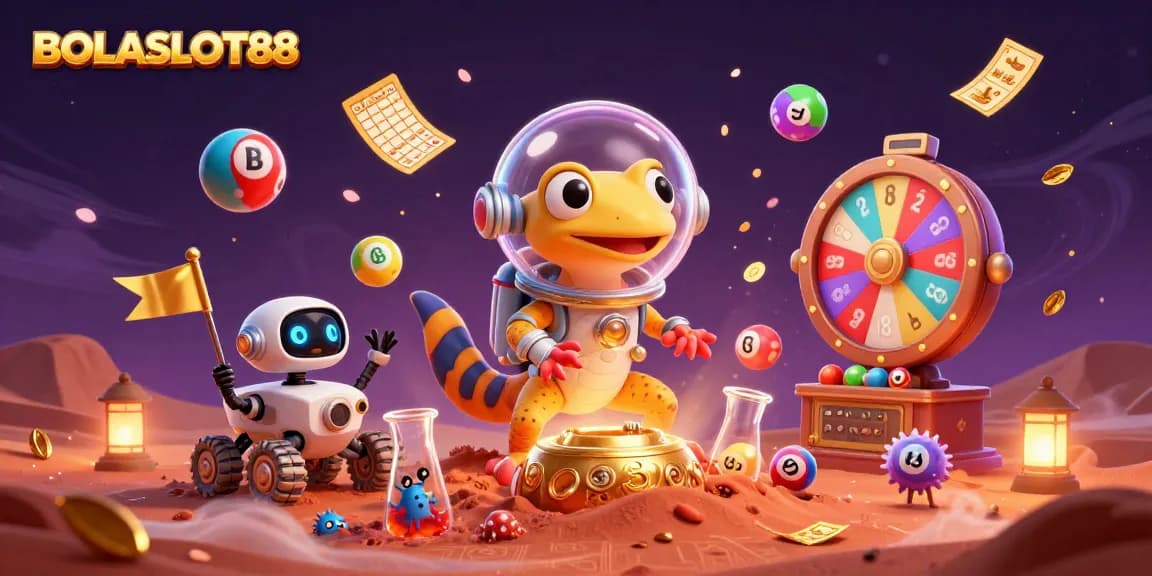 BOLASLOT88 offers exciting gaming with a spirited Martian gecko discovering a golden casino amidst dynamic gambling elements.