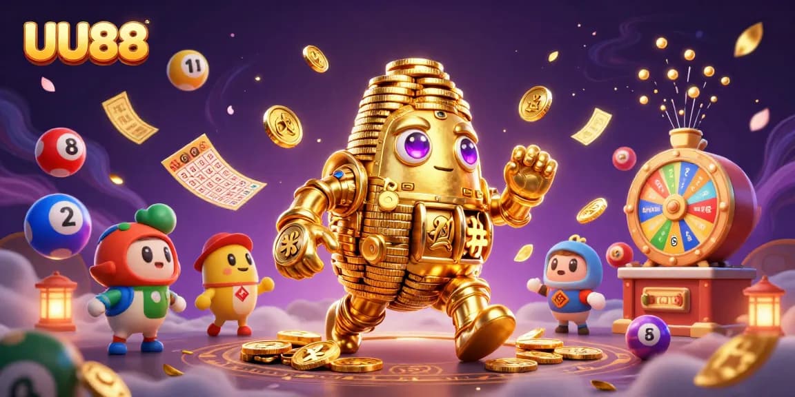 Win big with UU88's vibrant casino experience featuring a golden golem, spinning wheels, and lottery balls.