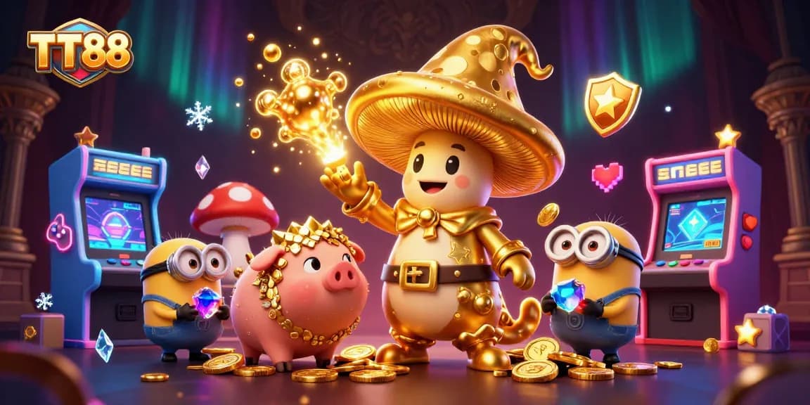 Engage with TT88's magical gaming experience amidst vibrant casino elements in this stunning illustration
