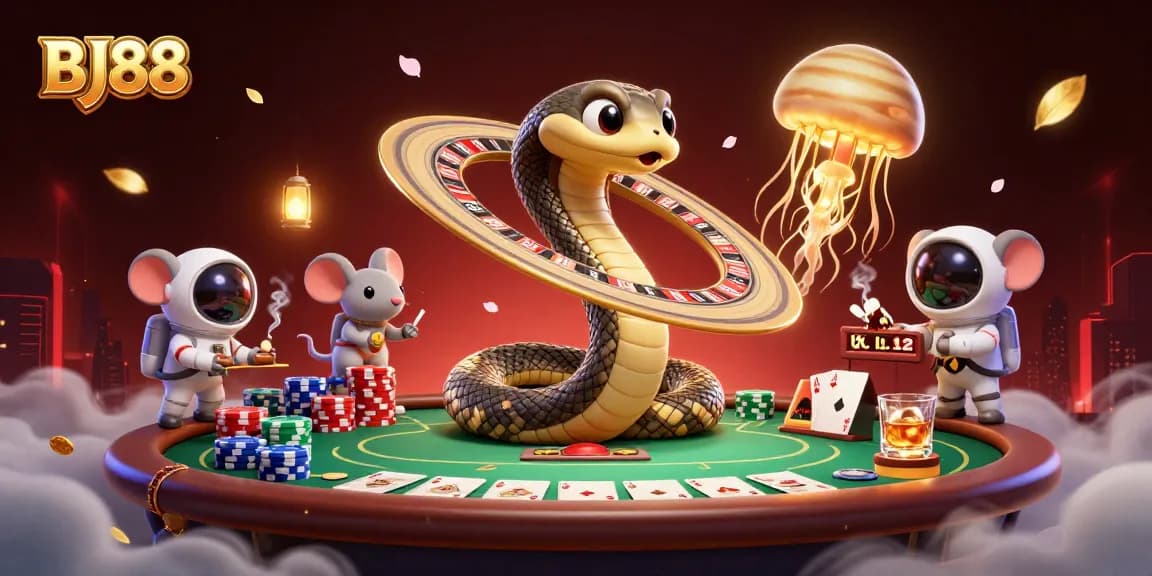 Bet with BJ88 as astronaut mice wager on a cosmic roulette wheel in this exciting casino illustration.