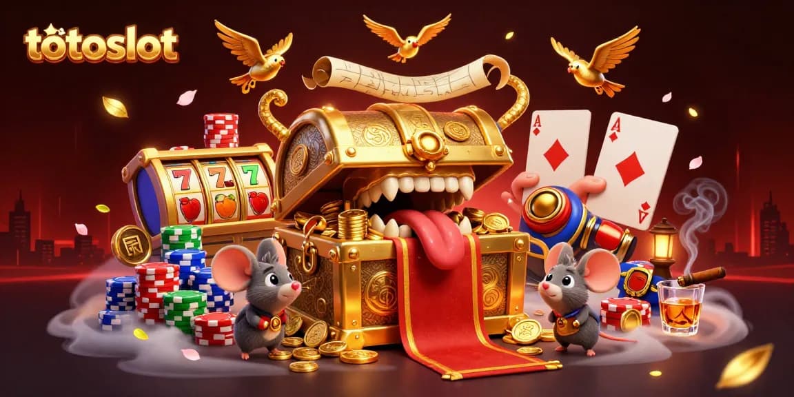 Engage with totoslot featuring a treasure chest with golden coins, slot reels, and vibrant poker elements.