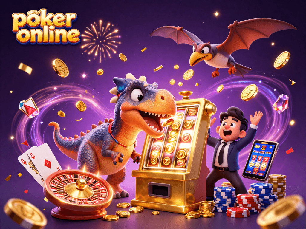 Permainan poker online yang seru dengan dinosaurus dan mesin slot menghasilkan koin jackpot.