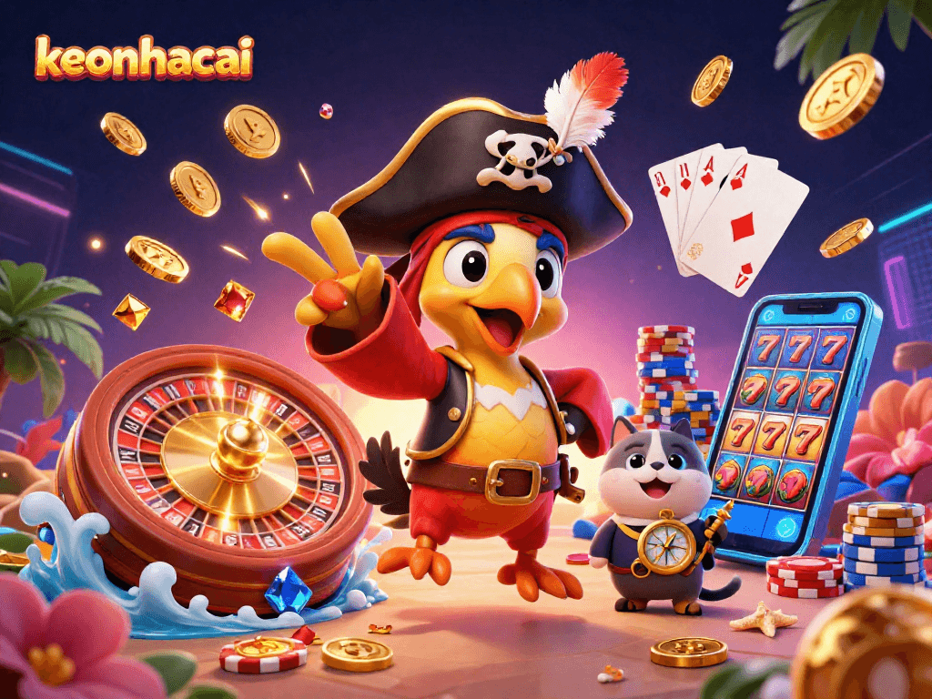 Experience winning moments with keonhacai, a vibrant 3D casino scene filled with colorful characters and game elements.