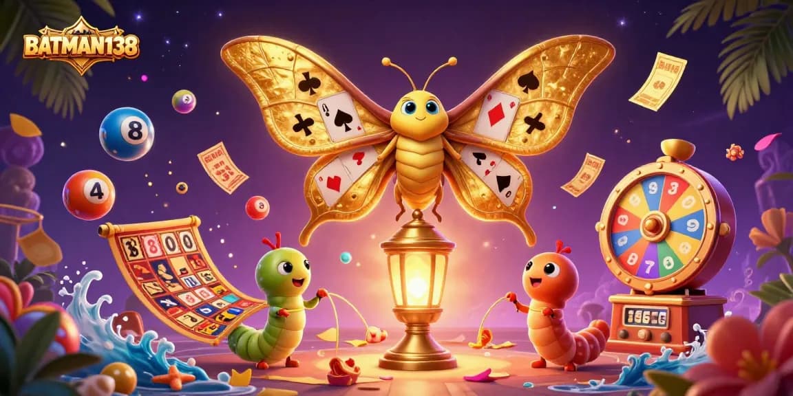 Experience the vibrant world of BATMAN138 with dynamic lottery elements and an enchanting moth illustration.