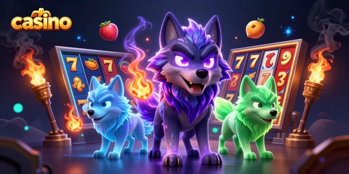 Engage with the casino world featuring a glowing shadow wolf and dynamic slot machine elements.