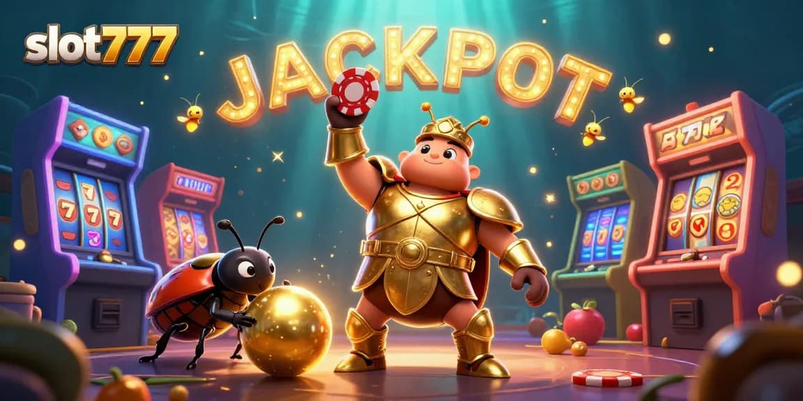 Experience the thrill of slot777 with a jubilant beetle championing a jackpot scene.