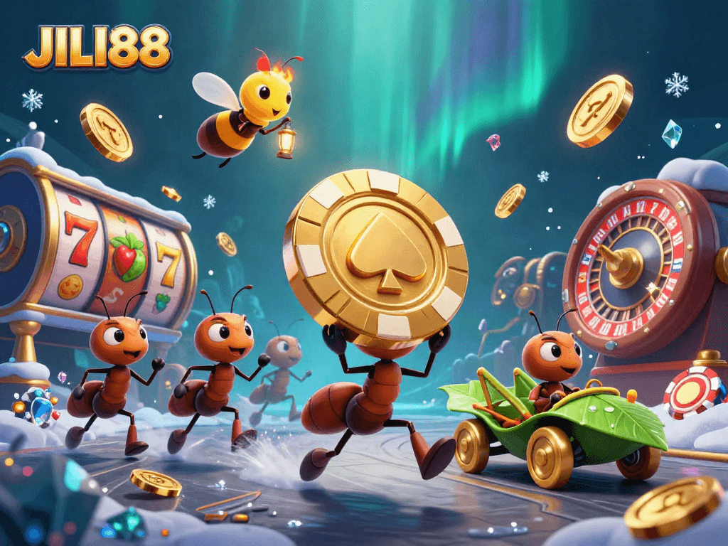 Spin with JILI88 in this vibrant 3D scene featuring animated ants and casino elements.
