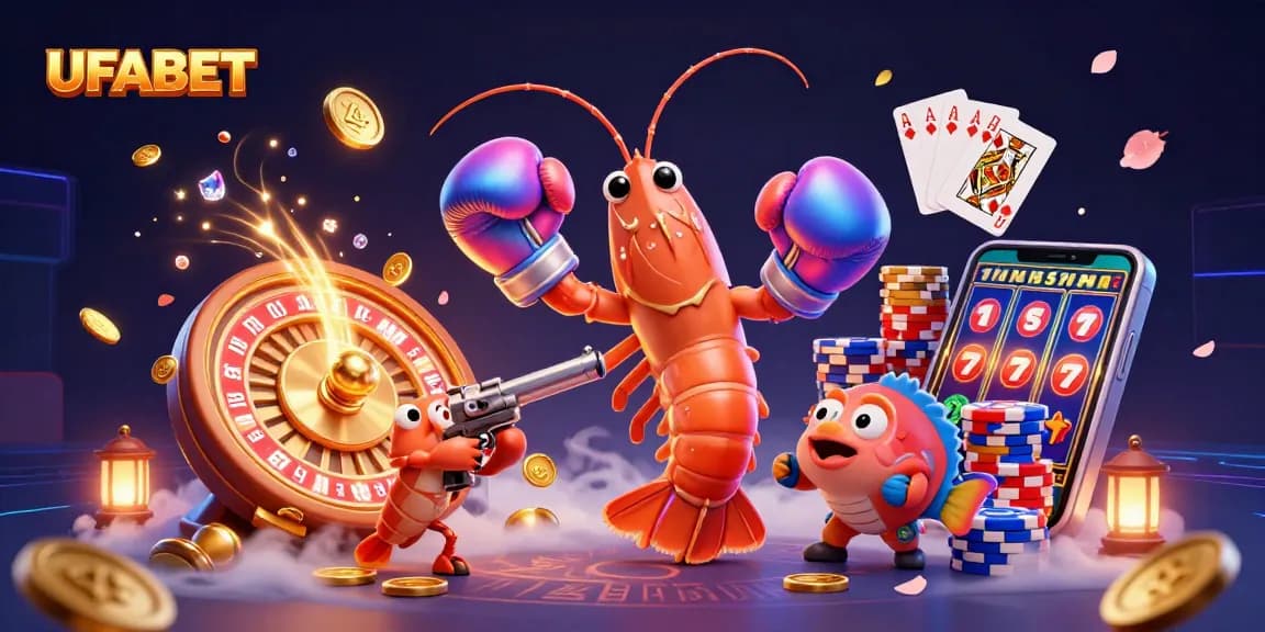 Experience thrilling wins at UFABET with 3D casino characters amid sparkling gems and golden coins.