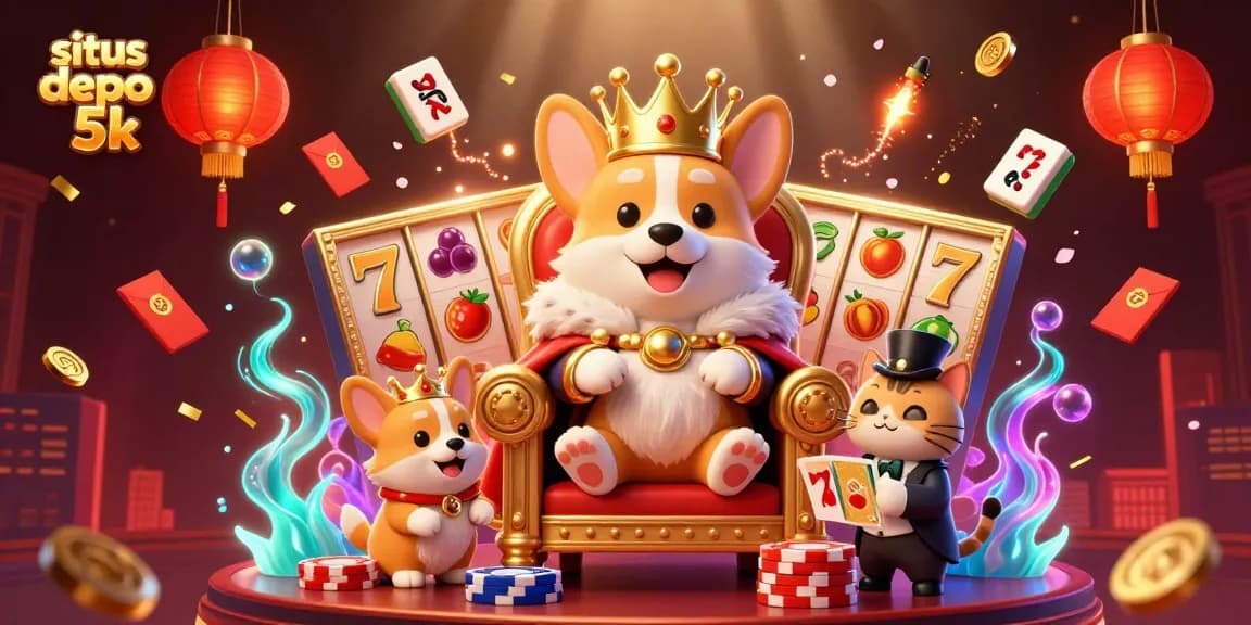 Engage with situs depo 5k featuring a royal corgi on a poker chip throne presenting exciting slot elements.