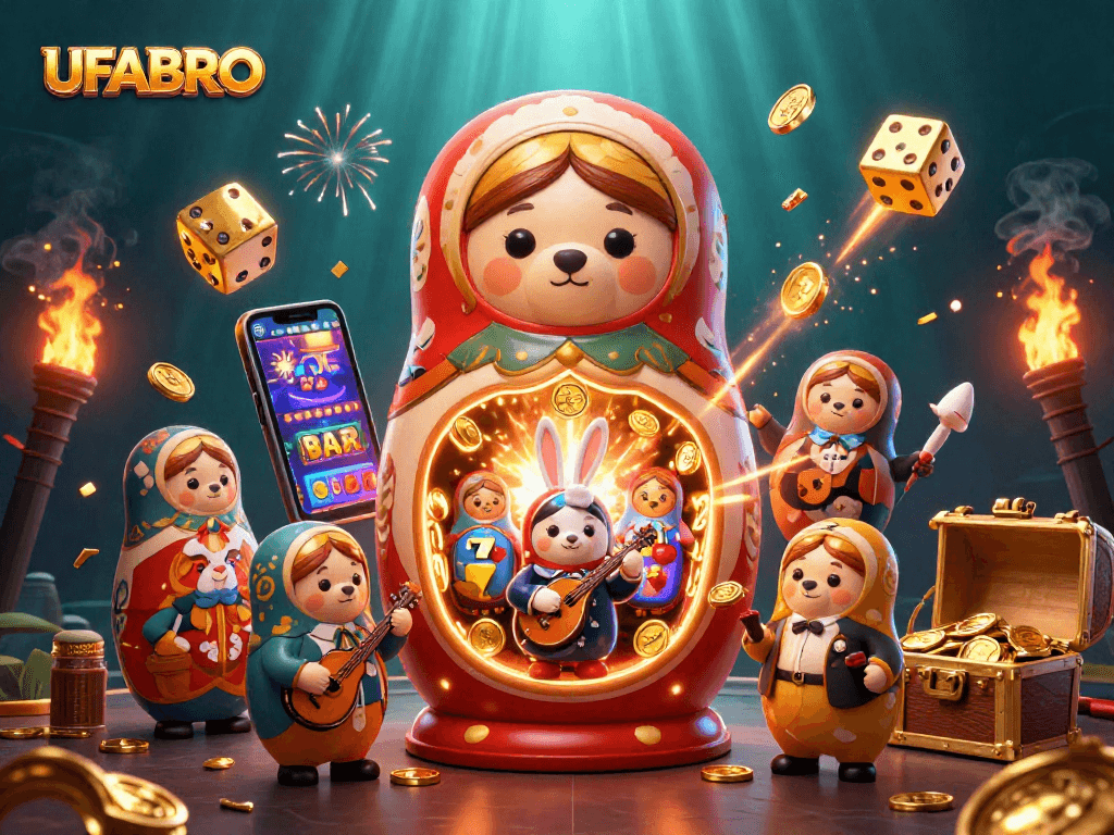 Experience UFABRO's vibrant casino world with dynamic bears and exciting games in an enchanting 3D scene.