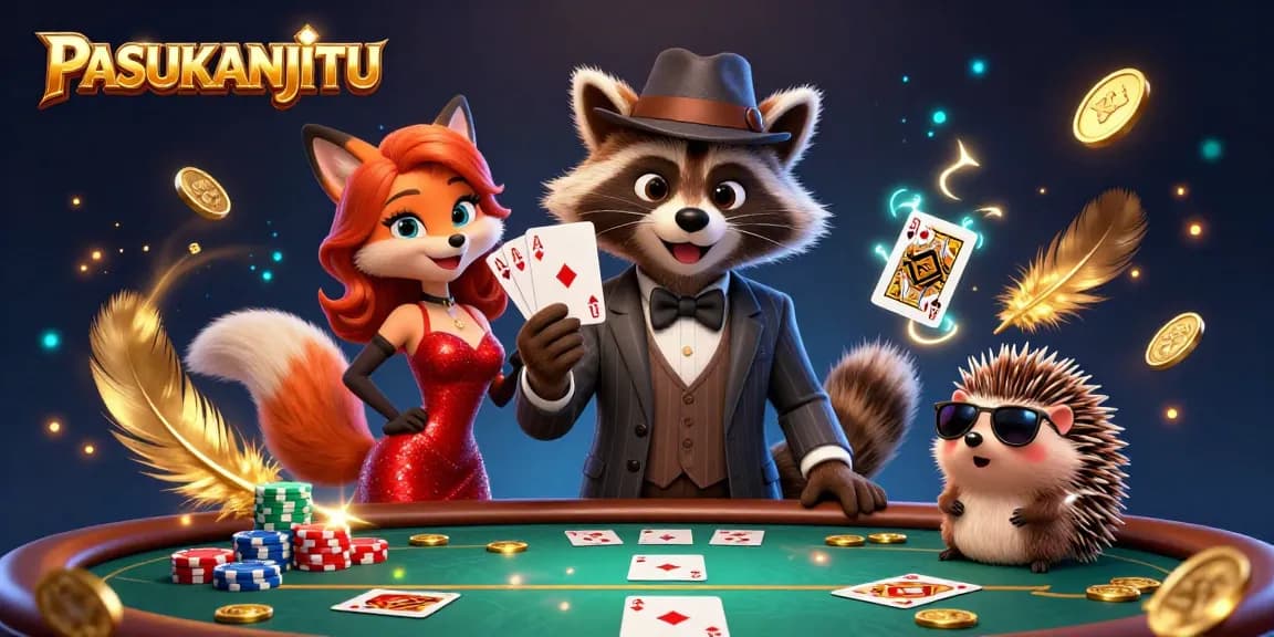 PASUKANJITU showcases a suave raccoon in a poker scene, highlighting engaging gameplay and excitement.