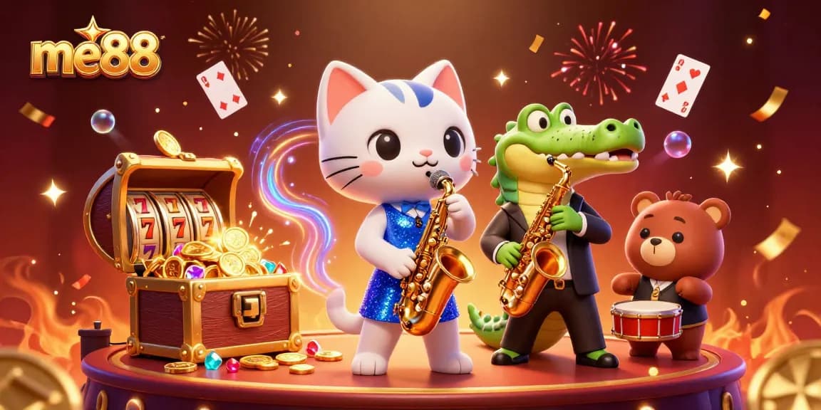 Experience thrilling gameplay at me88 with a lively 3D casino scene featuring vibrant characters and rich slot elements.