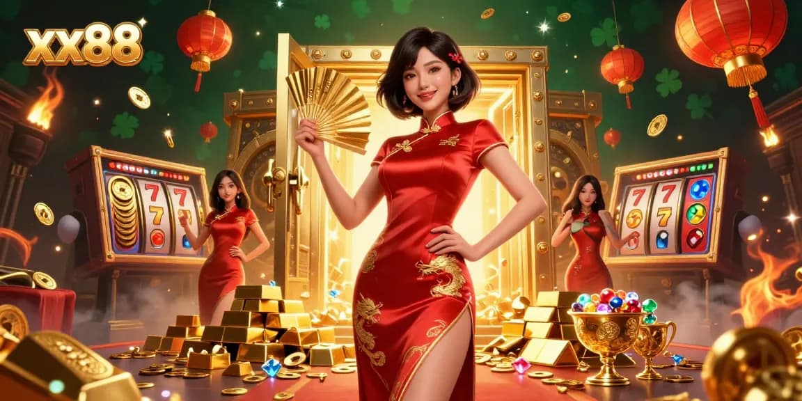 Experience thrilling wins at xx88 with vibrant visuals of Asian-inspired casino joy and golden treasures.