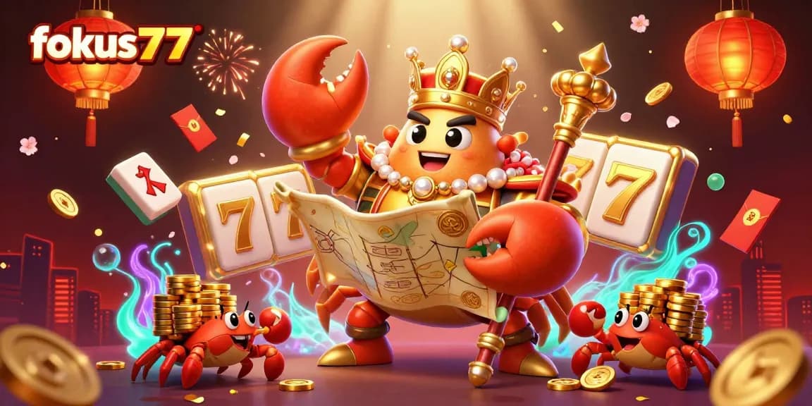Experience the thrill of fokus777 with a golden crab emperor amidst slot reels and vibrant game elements.