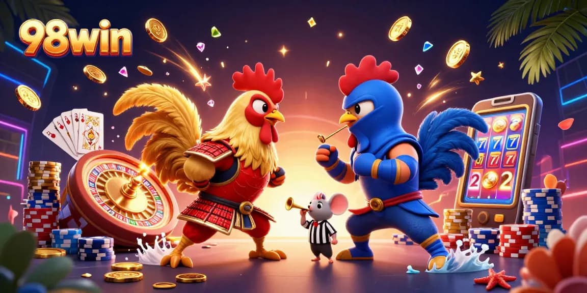 Engage with 98win's thrilling cartoon scene featuring fighting roosters and casino elements.
